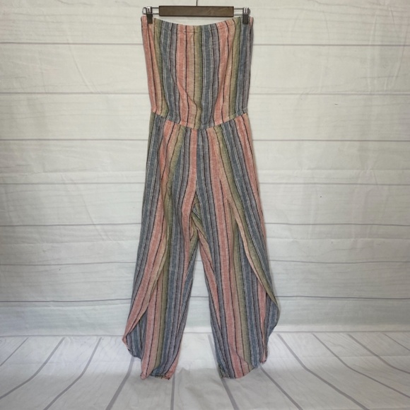 DREW Striped Tulip Leg Strapless Jumpsuit Linen Blend Pastel Rainbow Size Small - Picture 7 of 10